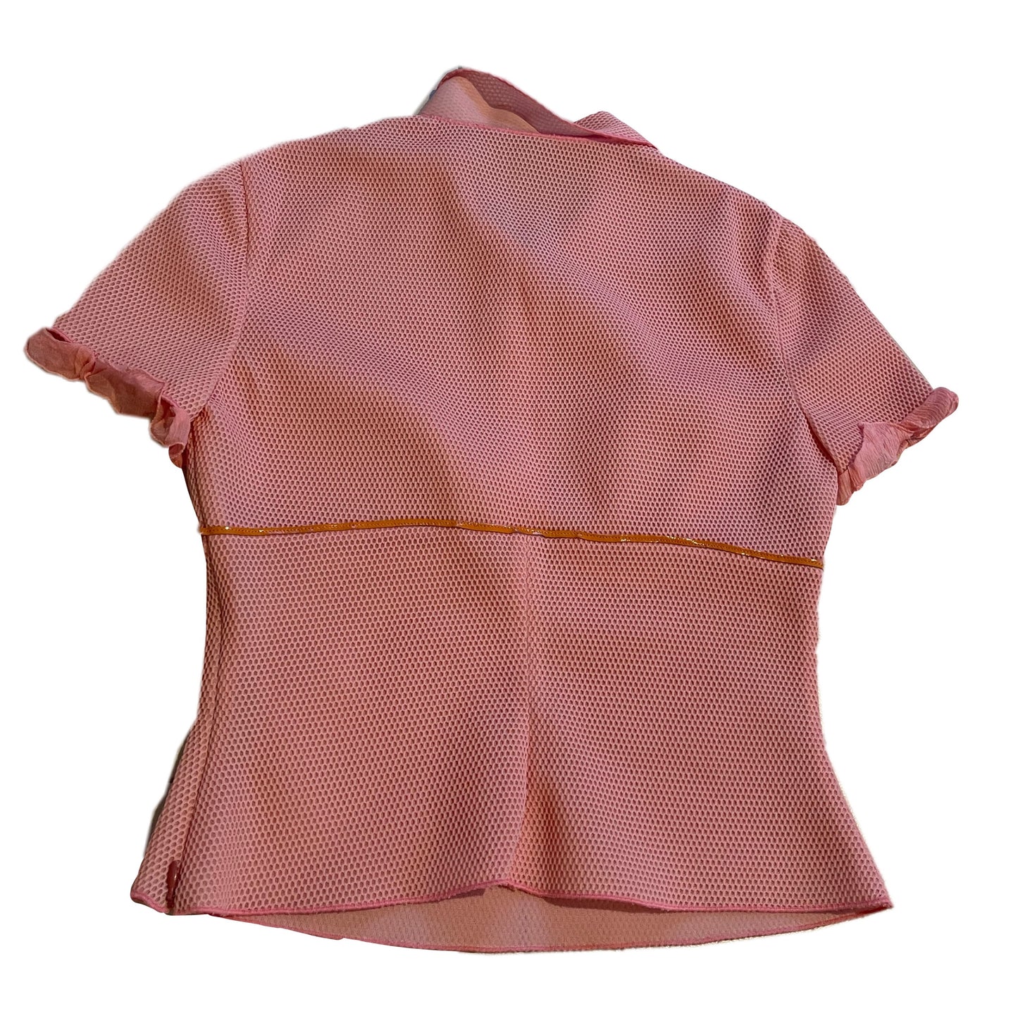 Prada Pink SS Mesh Ruffle Hem w Leather Trim UnderBoob Polo