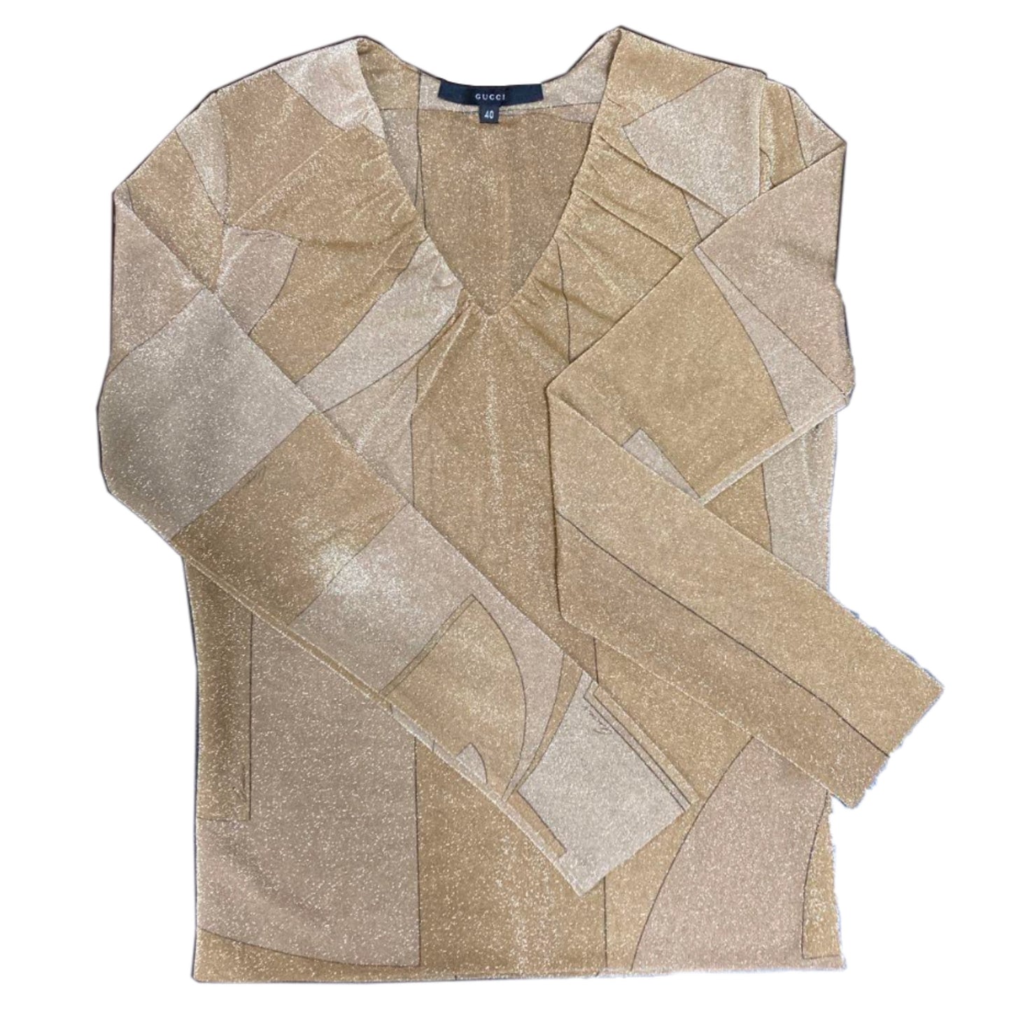 Gucci by Tom Ford Lurex Glitter V Neck LS Abstract Top Gold
