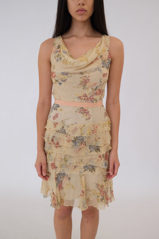 Red Valentino Floral Silk Drape Ruffle Skirt Dress