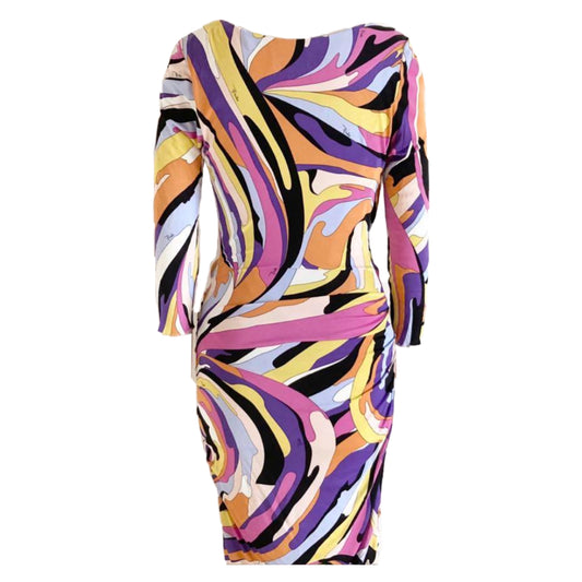Emilio Pucci Abstract Print Cowl Neck LS Ruched Bodycon Mini Dress