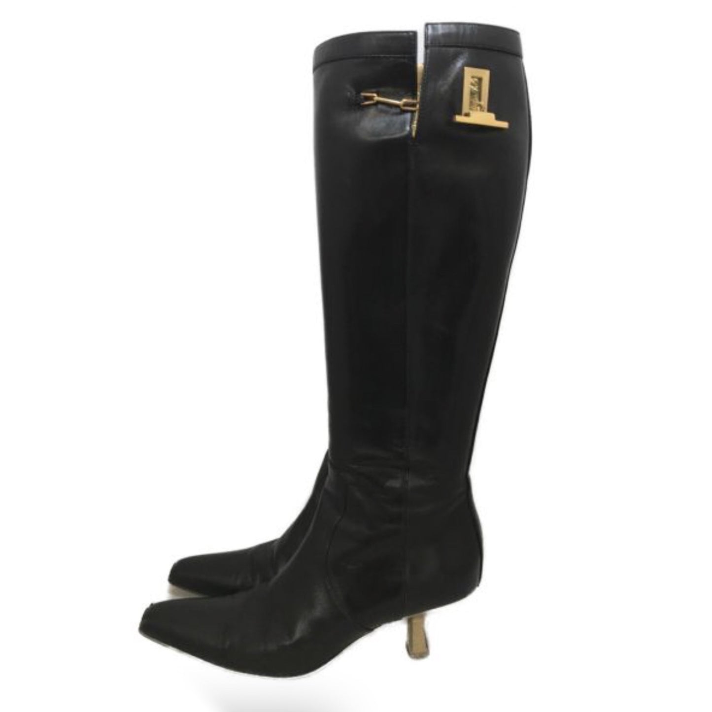 Gucci Wooden Heel Leather Knee High Chain Buckle Boots