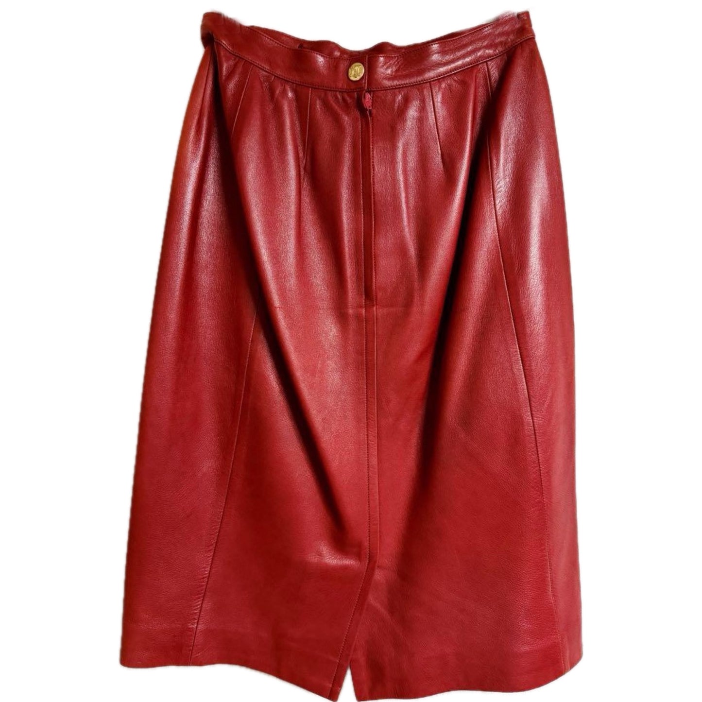 Celine Red Leather Pencil Skirt w Gold Chain Waist Detail