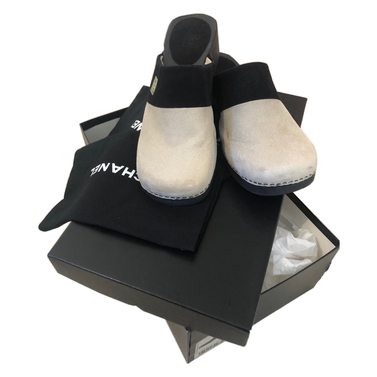 Chanel Beige Black Wooden Suede Clogs Mules