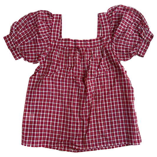 Yves Saint Laurent Plaid Puff SS Square Neck Button Down Top