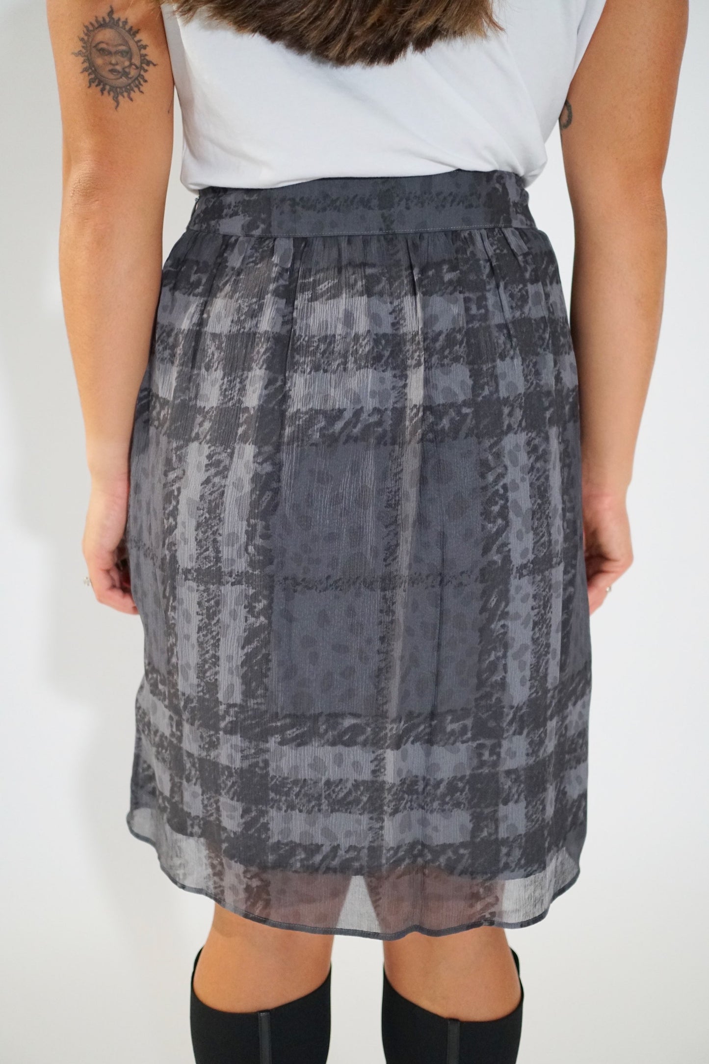 Burberry Check Silk Sketch Print Grey Skirt