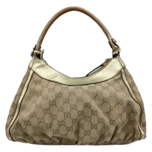Gucci Monogram Metal Buckle Gold Leather Trim Shoulder Handbag
