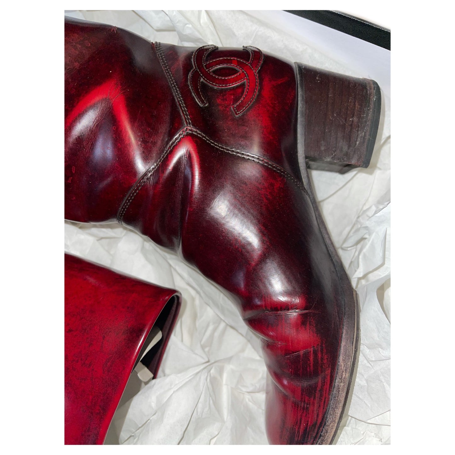 Chanel Oxblood Knee High CC Logo Leather boots