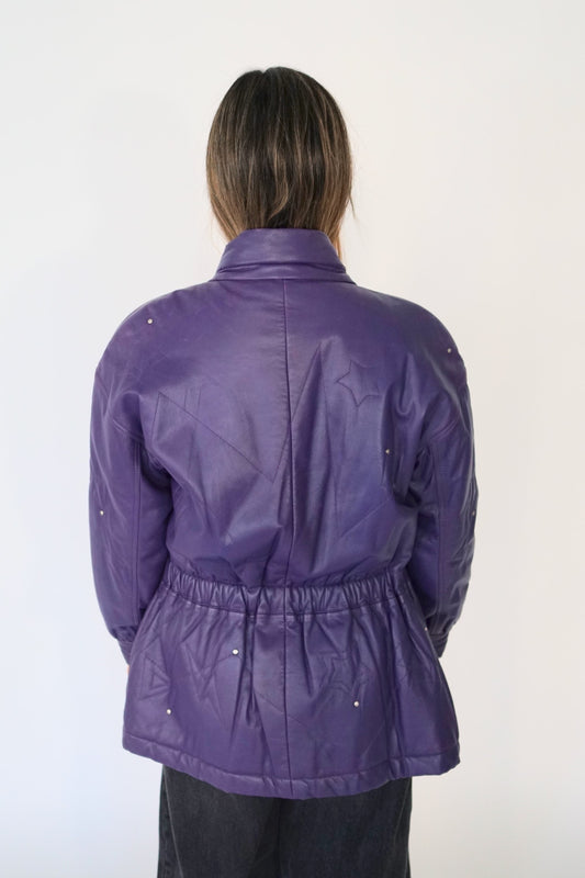 Courreges Leather Purple Star Embroidery Elastic Waist LS Coat