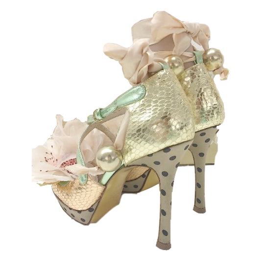 John Galliano Crepe Flower Petal Metallic Criss Cross Leather Heels