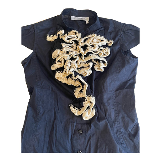 Yves Saint Laurent Ruffle Knit Trim Cap SS Button Down Blouse