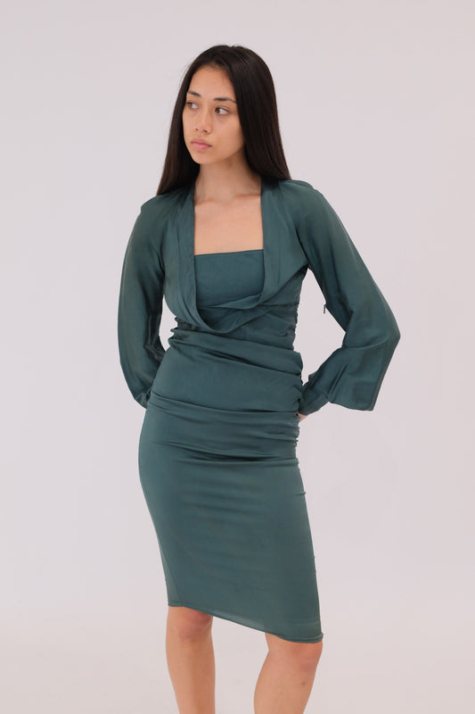 Gucci Teal Silk Overlay Balloon LS Midi Dress