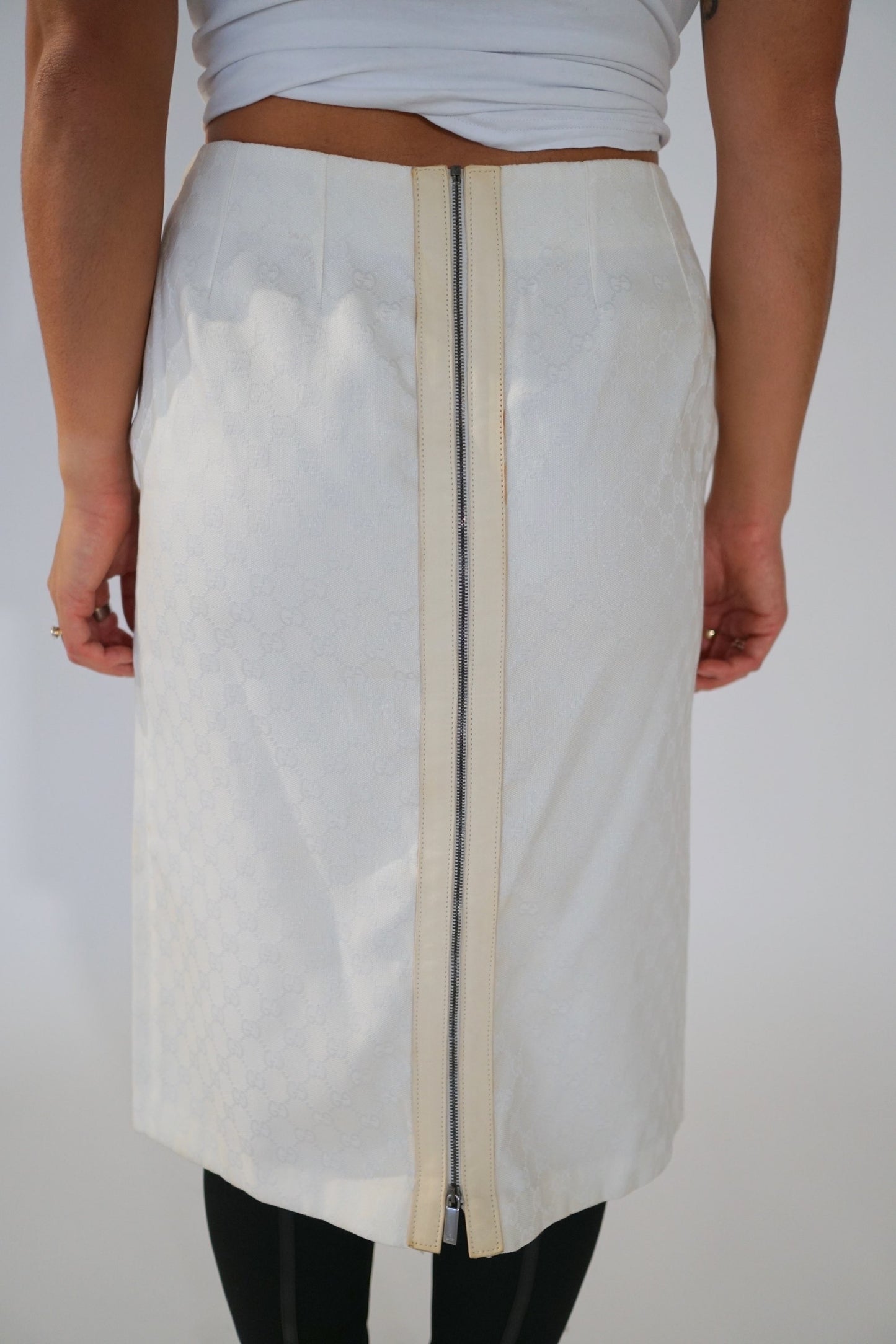 Gucci Monogram White Leather Trim Zip Skirt