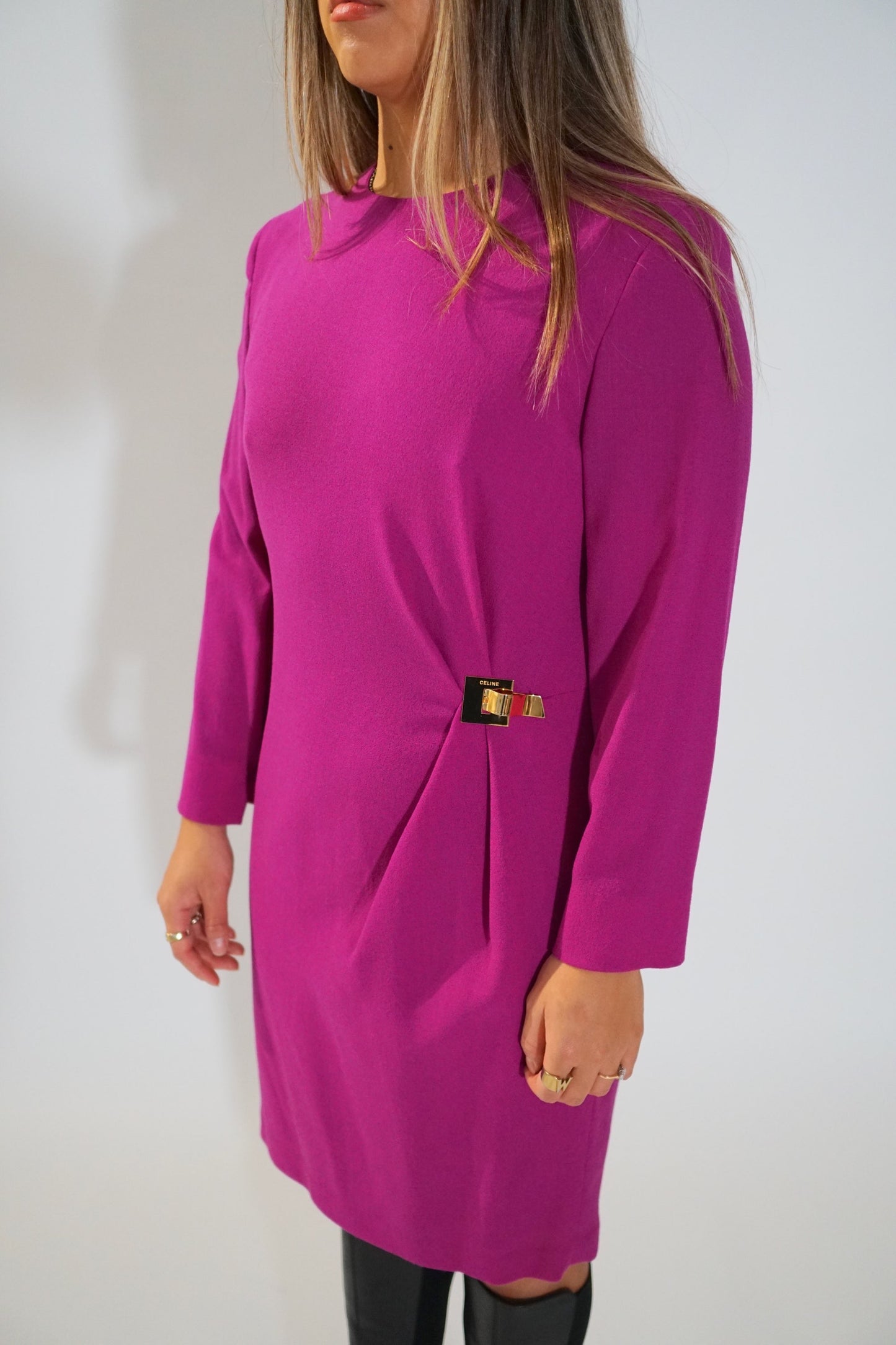 Celine 3/4 Sleeve Fuschia Pink LS Shift Dress w Gold Metal Buckle