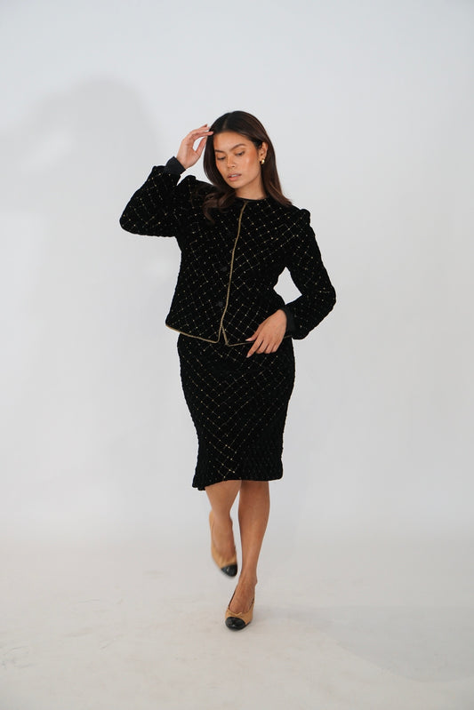 Celine Velvet Quilted Gold cushion embroidery jacket skirt suit