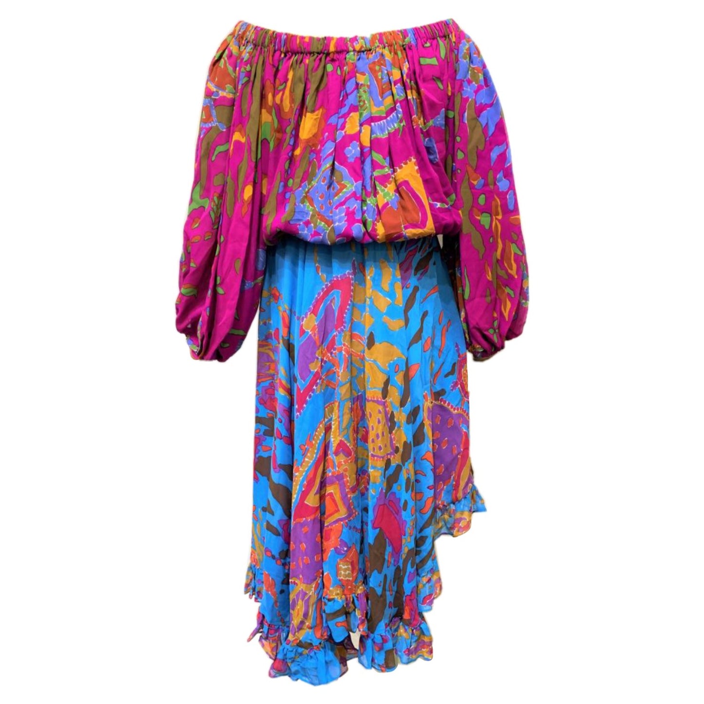 Yves Saint Laurent Off Shoulder Abstract Print Assymetrical Midi Dress
