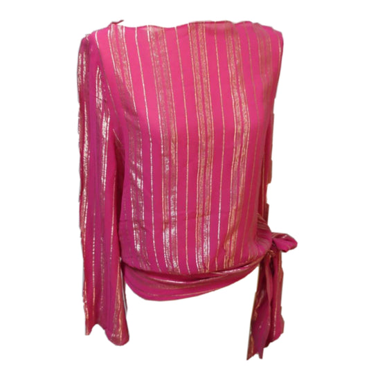 Celine Metallic Vertical Stripe Silk LS Blouse w Tie Waist