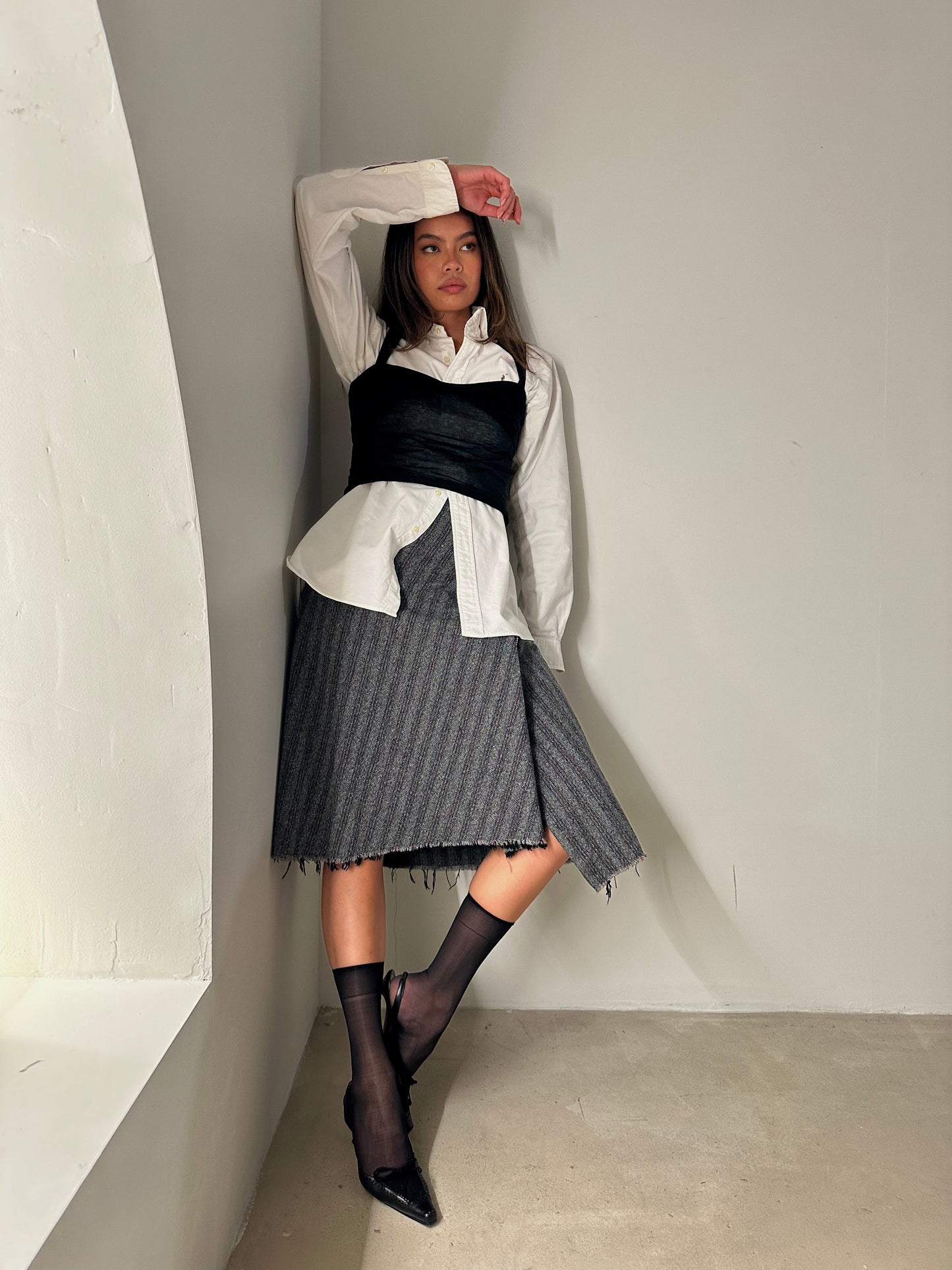 Tricot Comme Des Garcons Stripe Wool Raw Zipper Midi Skirt