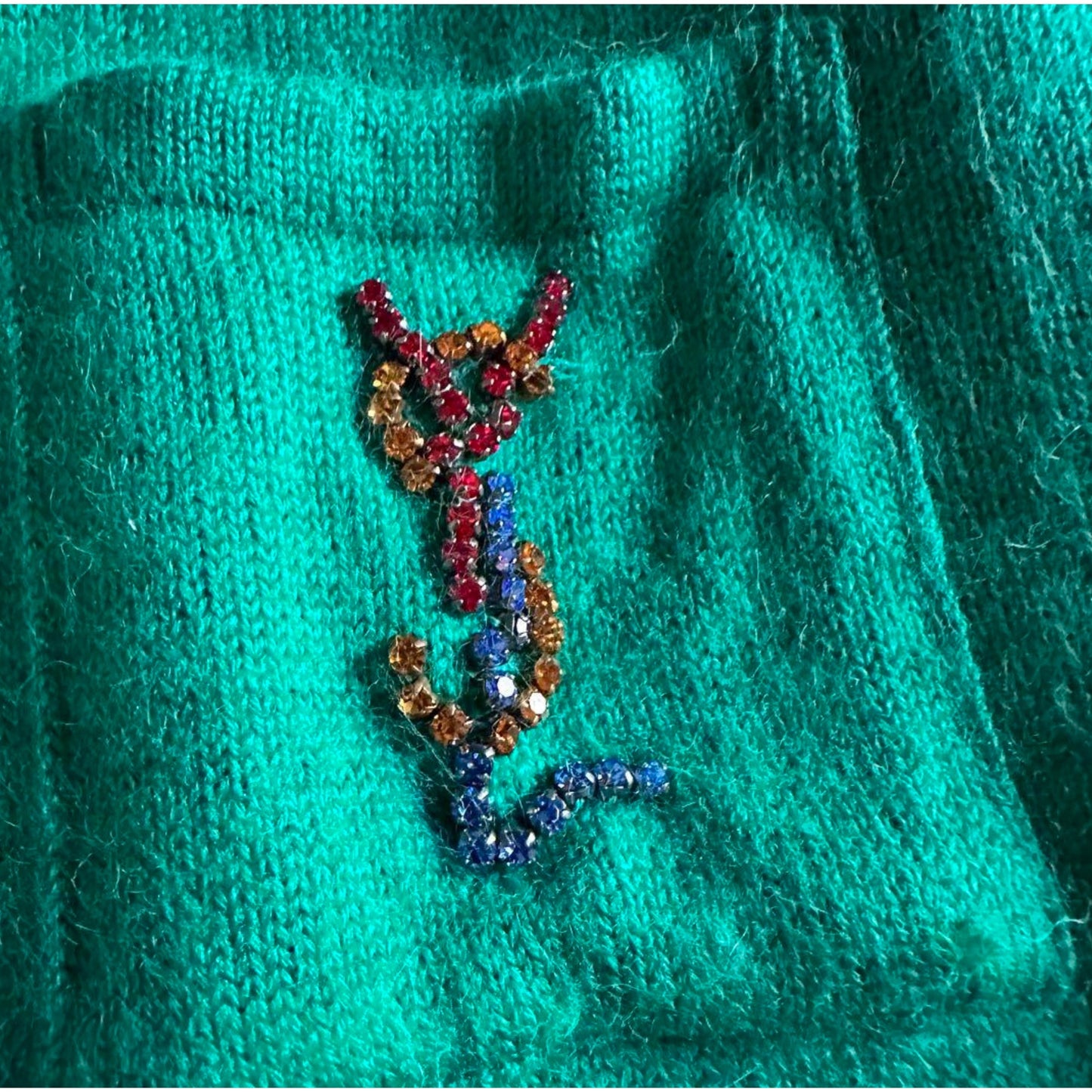 Yves Saint Laurent Green Button Down Gemstone Logo Cardigan