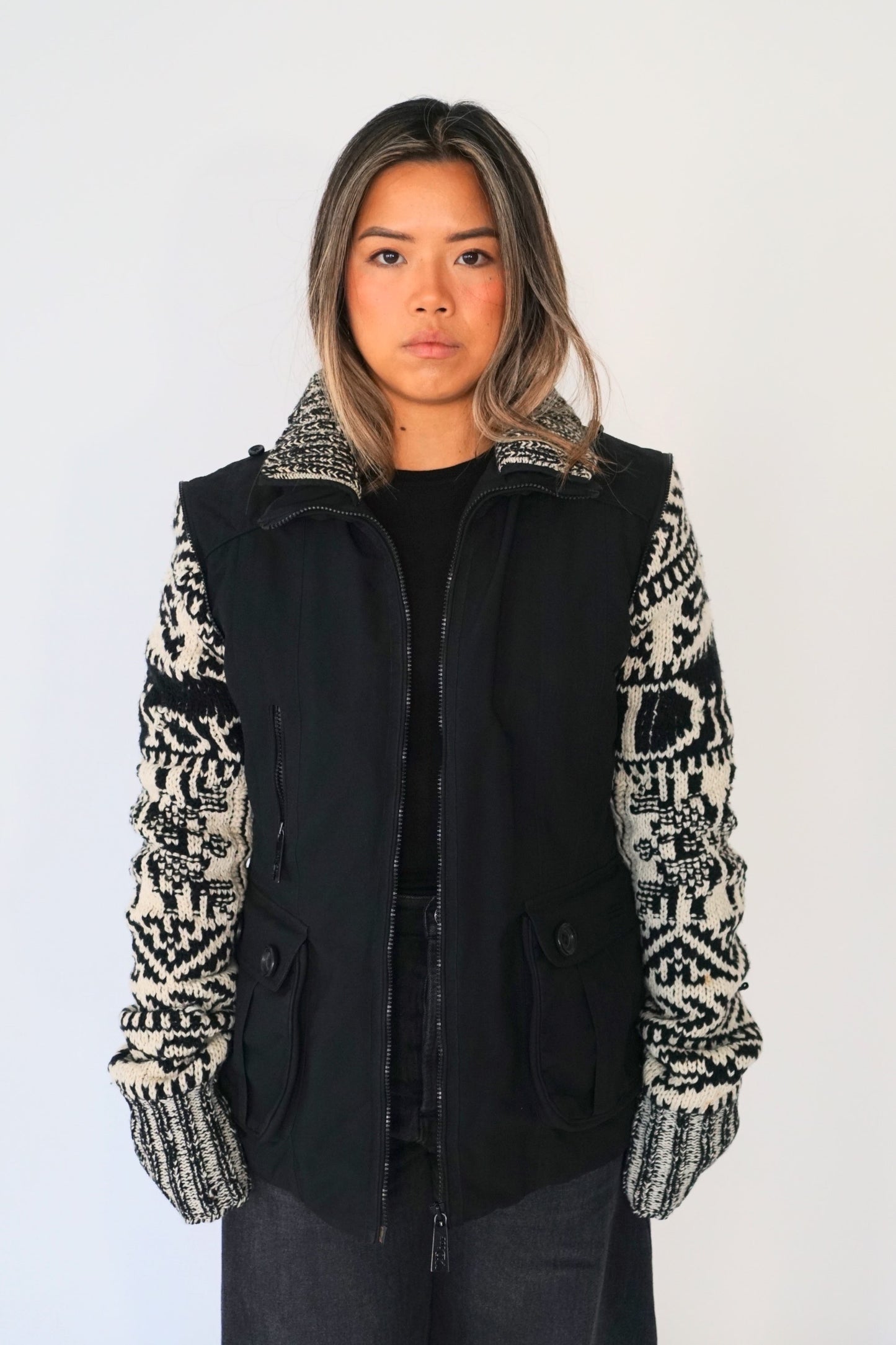 Christian Dior Tactical Utility Zip Jacket w Logo Wool Knit Sleeves