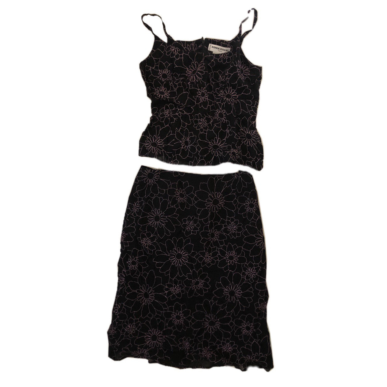 Sonia Rykiel Pink/Black Floral Cami Top Midi Skirt Set