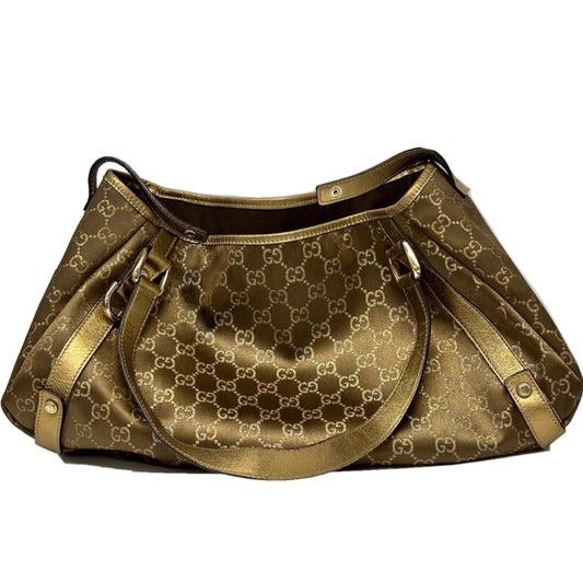 Gucci Monogram Bronze Leather Trim Double Strap Handbag