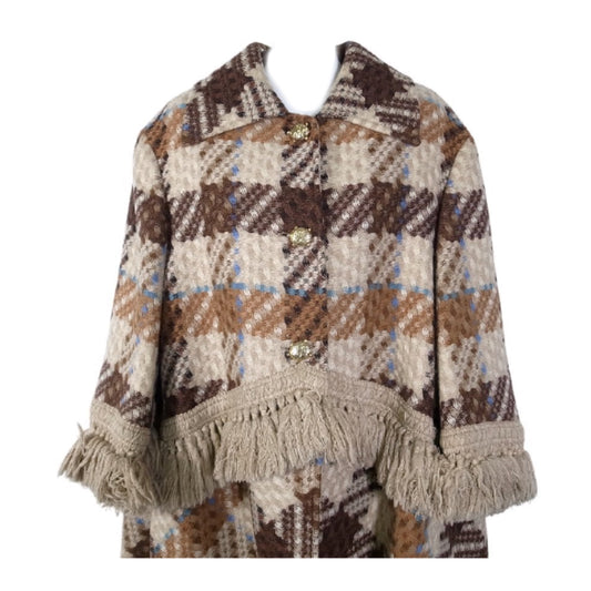 Valentino Boutique Tassel Trim Pixelated Checkered Wool Tweed Coat Skirt Set
