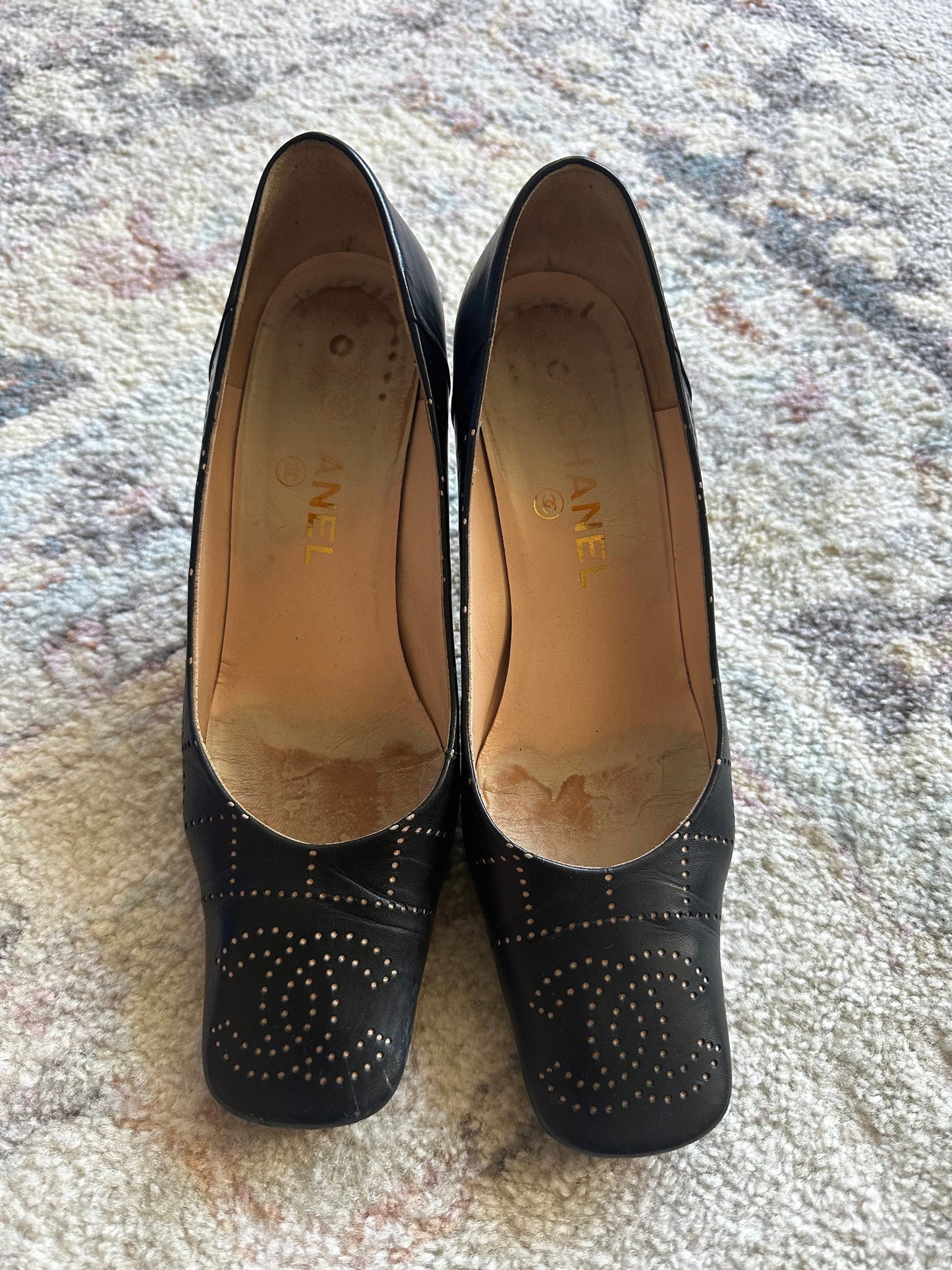 Chanel Logo Square Toe Heels