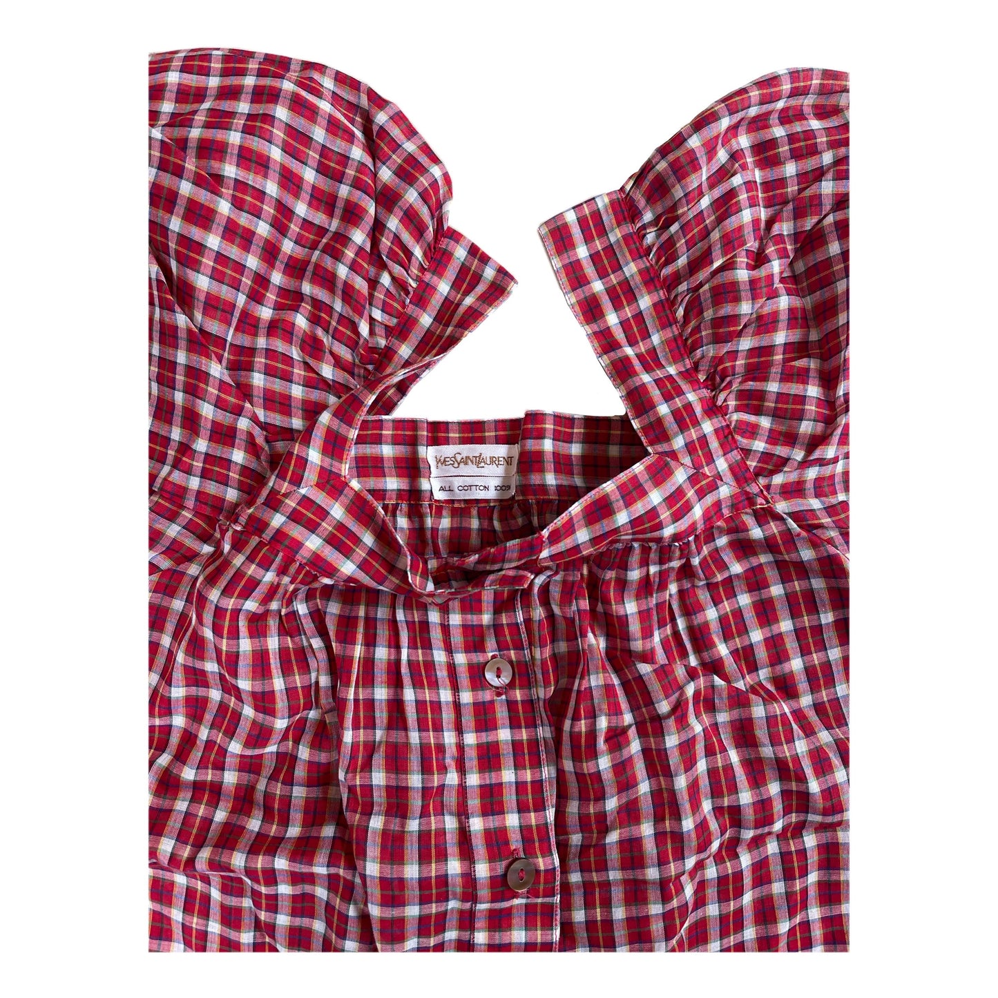 Yves Saint Laurent Plaid Puff SS Square Neck Button Down Top
