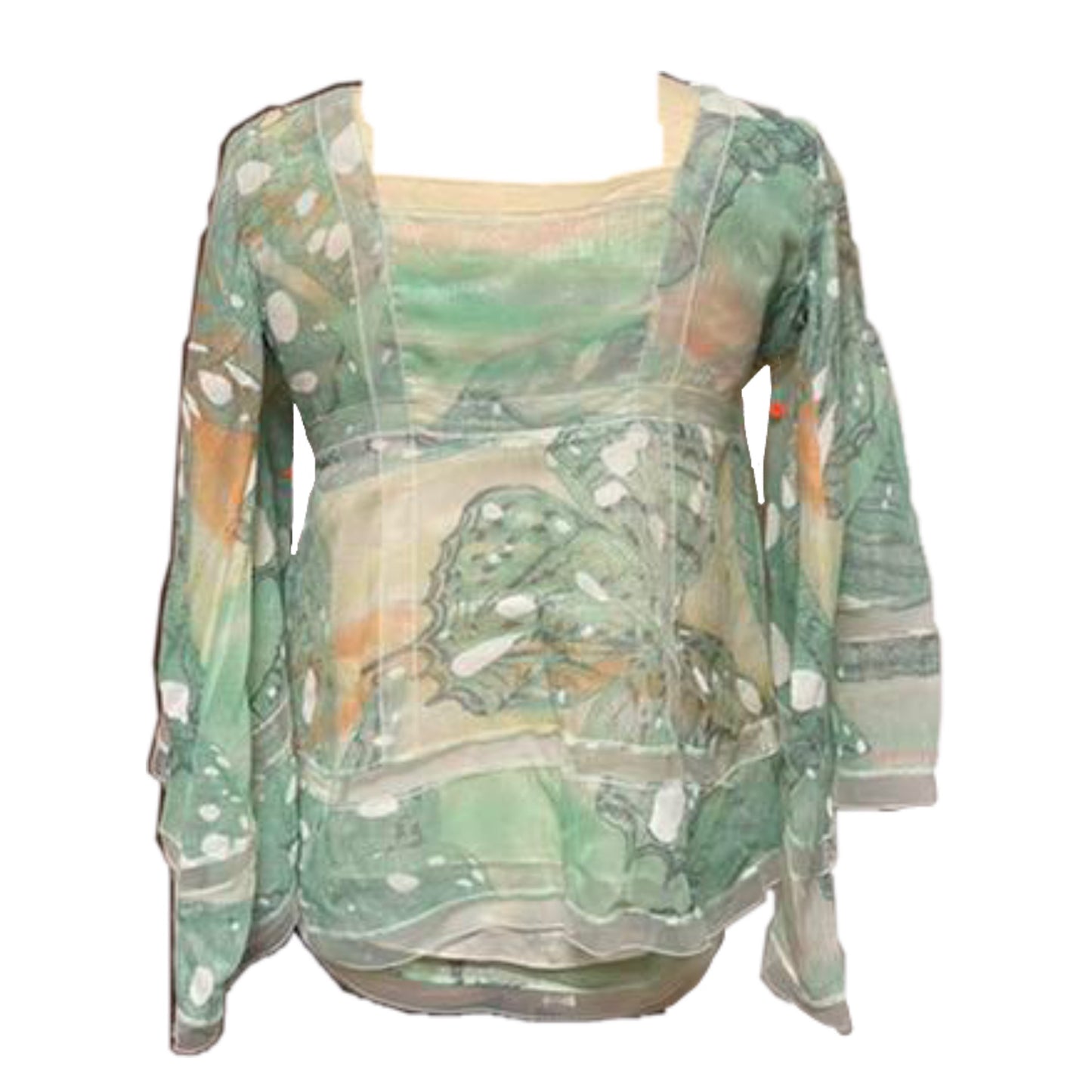 Diane Von Furstenburg ButterflyGlitter Mesh Insert Square Neck Bell Sleeve Blous