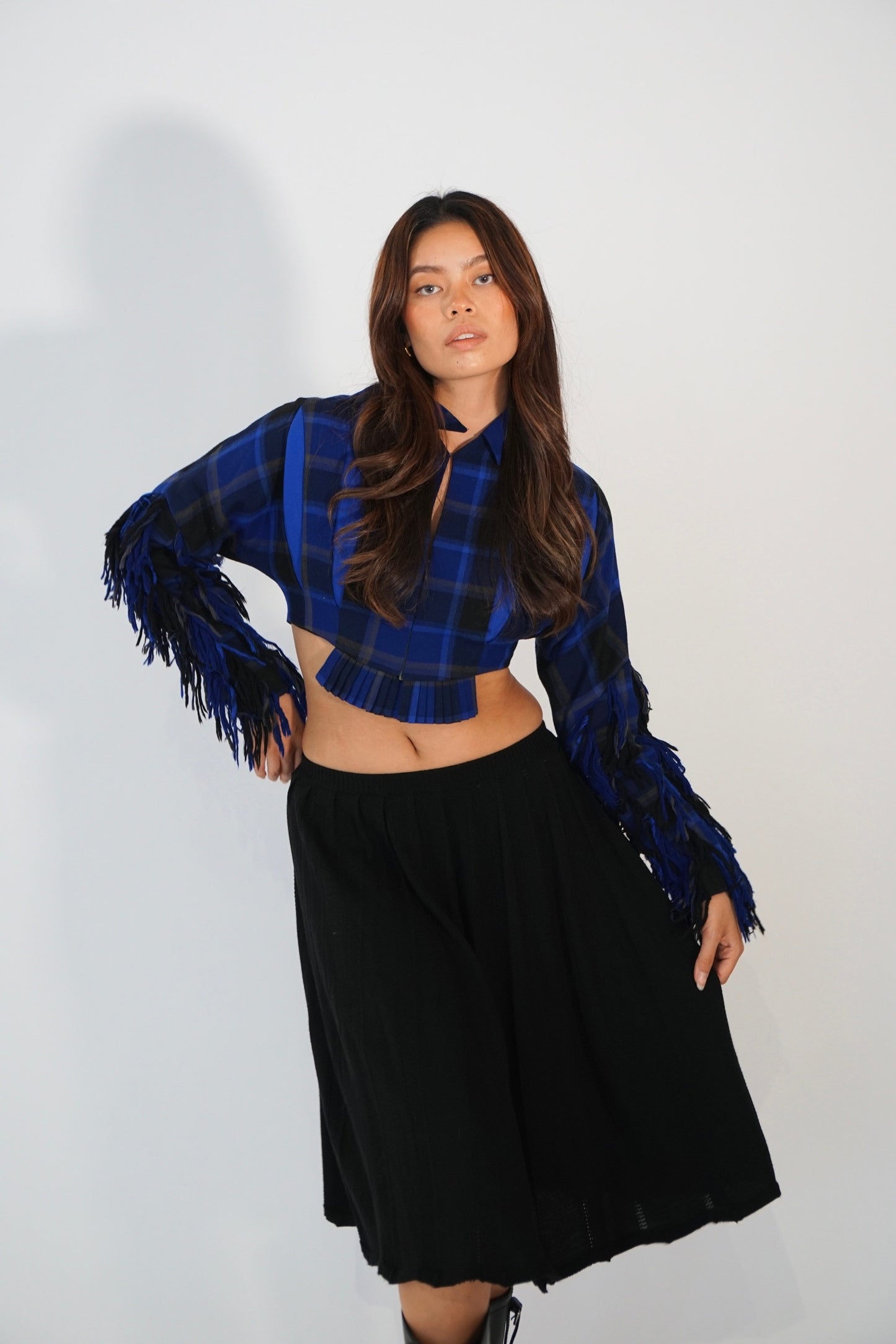 Facetasm Plaid Keyhole Cropped Top w Fringed Sleeves