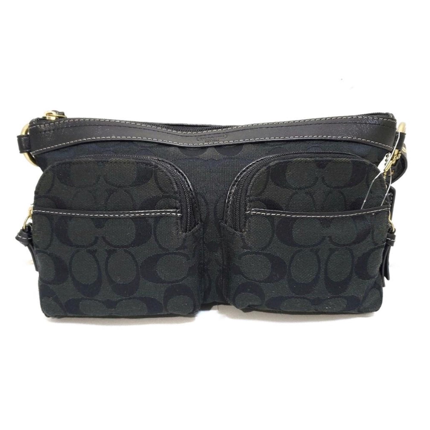 Coach Monogram Canvas Double Pocket Leather Shoulder Bag