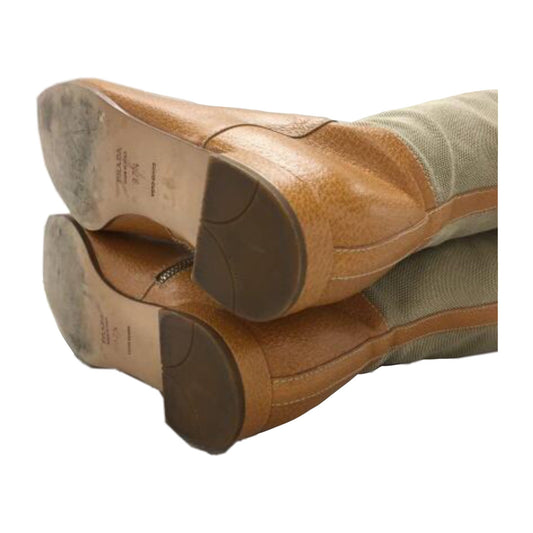 Prada Leather Canvas Logo Knee High Boots