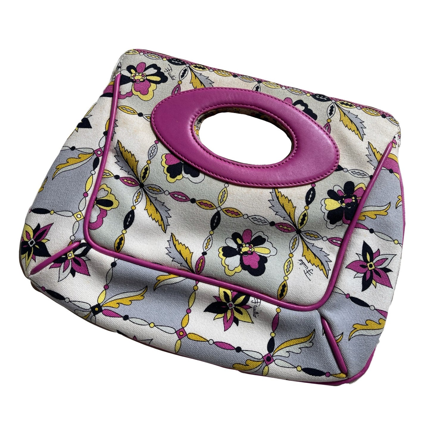 Emilio Pucci Canvas Multi Print Leather Trim Handle Clutch
