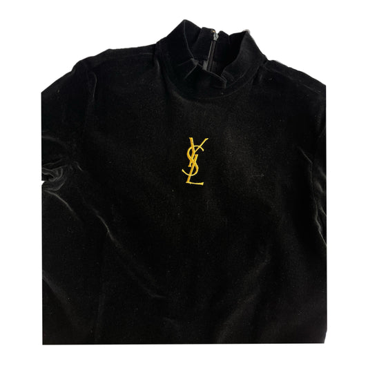 Yves Saint Laurent YSL Black Velvet Turtleneck W/ Gold Embroidered Logo