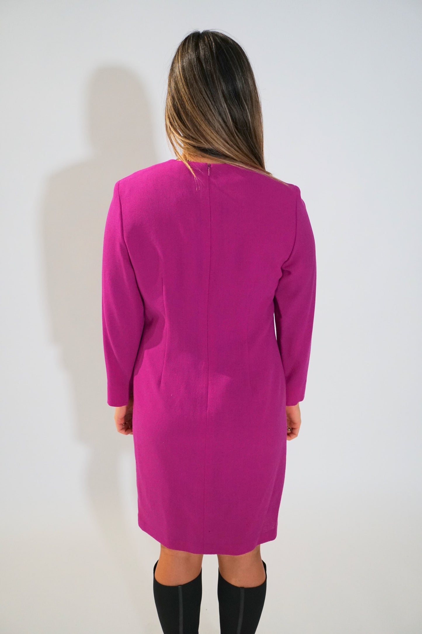 Celine 3/4 Sleeve Fuschia Pink LS Shift Dress w Gold Metal Buckle