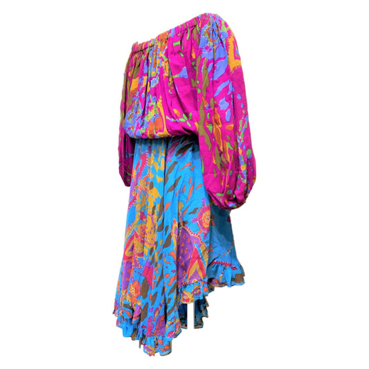 Yves Saint Laurent Off Shoulder Abstract Print Assymetrical Midi Dress