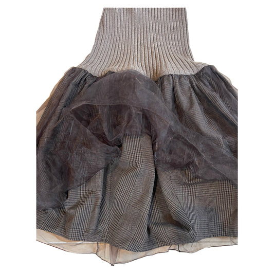 Louis Vuitton Wool Knit Drop Waist Tulle Plaid Midi Dress