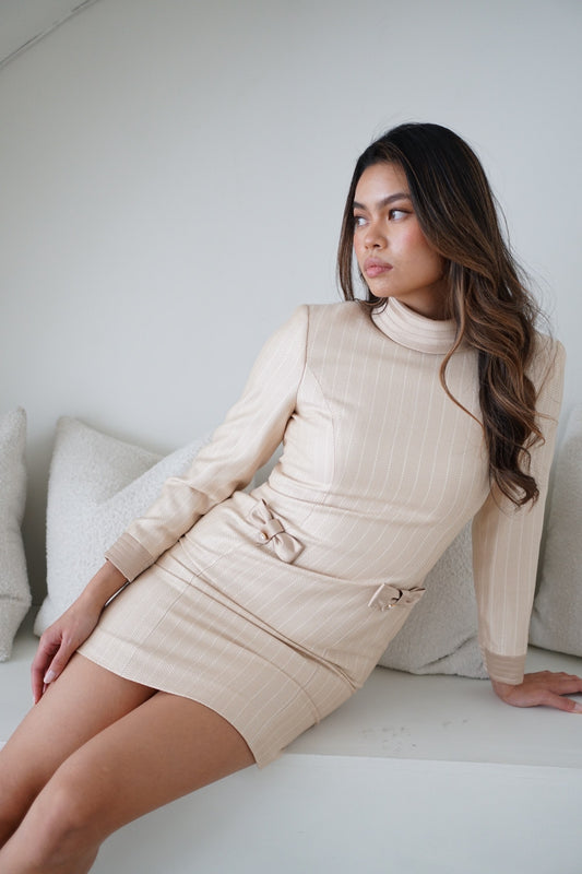 Courreges Shoulder Pad LS Mock Neck Bow Pocket Shift Dress