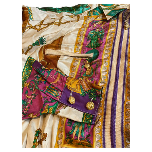 Gianni Versace Statue Print Pleated Medusa Zipper Shirt