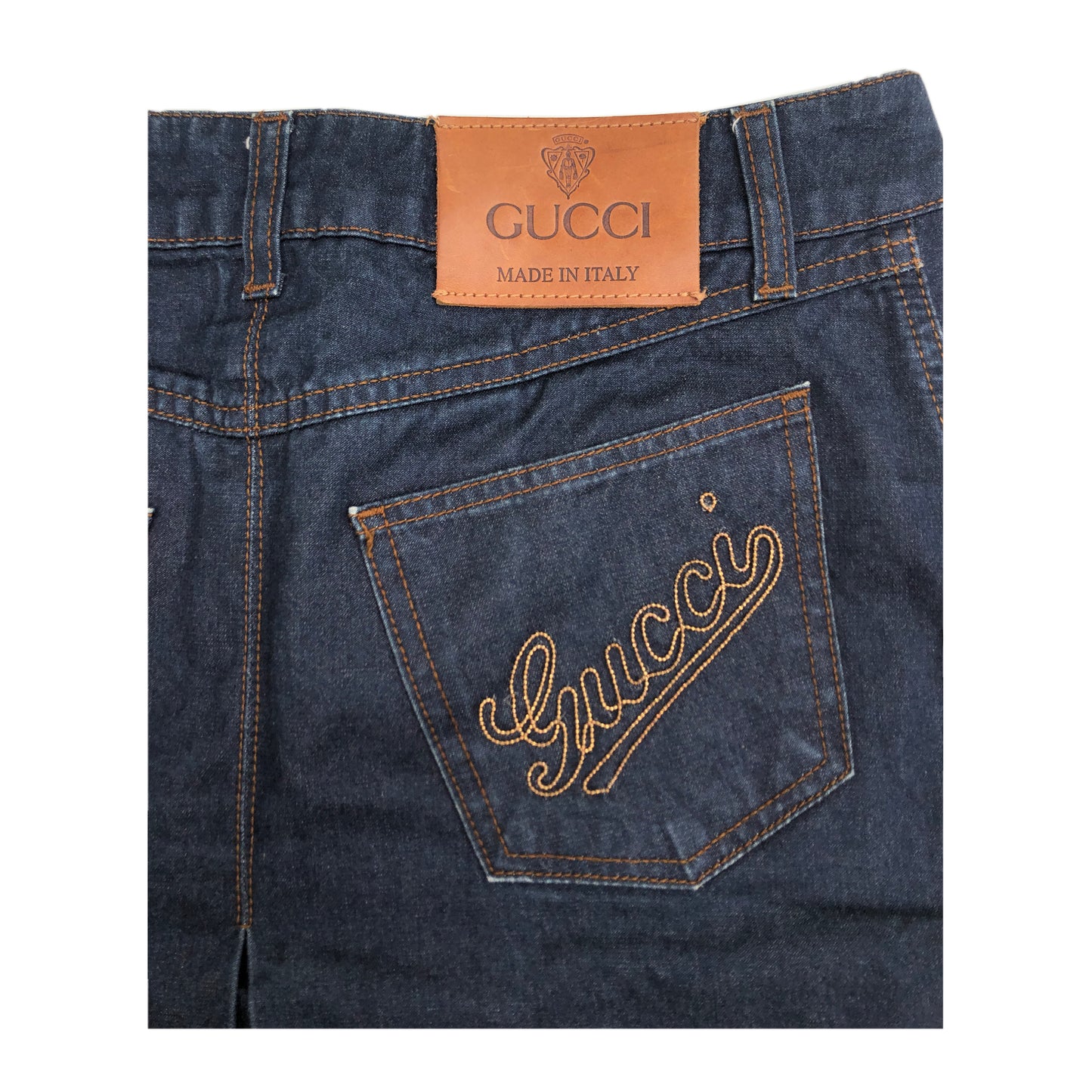 Gucci Denim Mini Pleat Skirt W/ Embroidered Logo