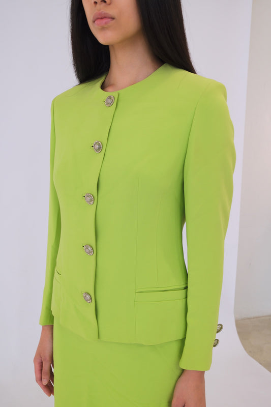 Versace Lime Green Medusa Head Button Skirt Blazer Set