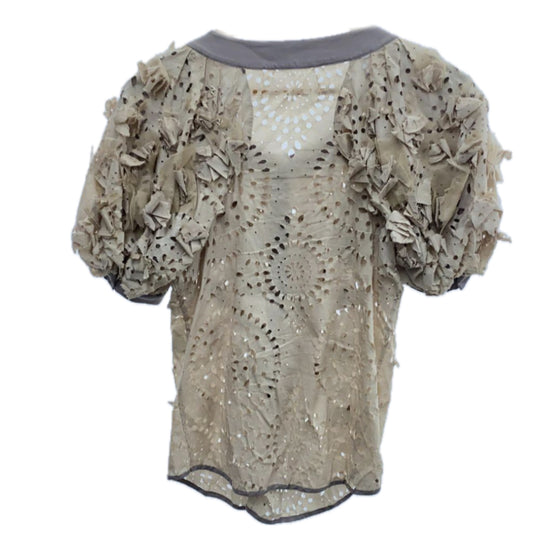 Valentino Floral Applique Puff SS Button Down Blouse