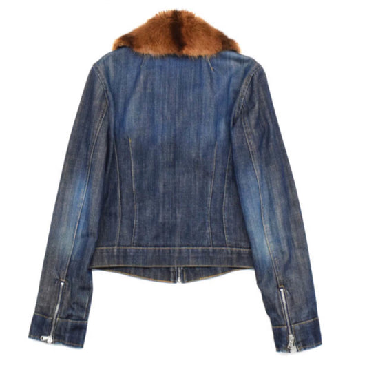 Blumarine Fur Collar Diamante Logo Pocket Zip Denim Jacket