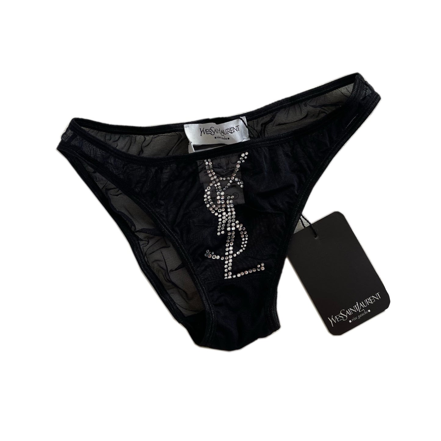 Yves Saint Laurent YSL Logo Rhinestone Mesh Underwear