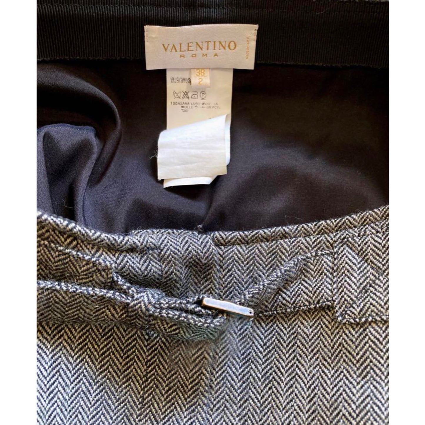 Valentino Tweed Herringbone Pleated Buckle Midi Skirt
