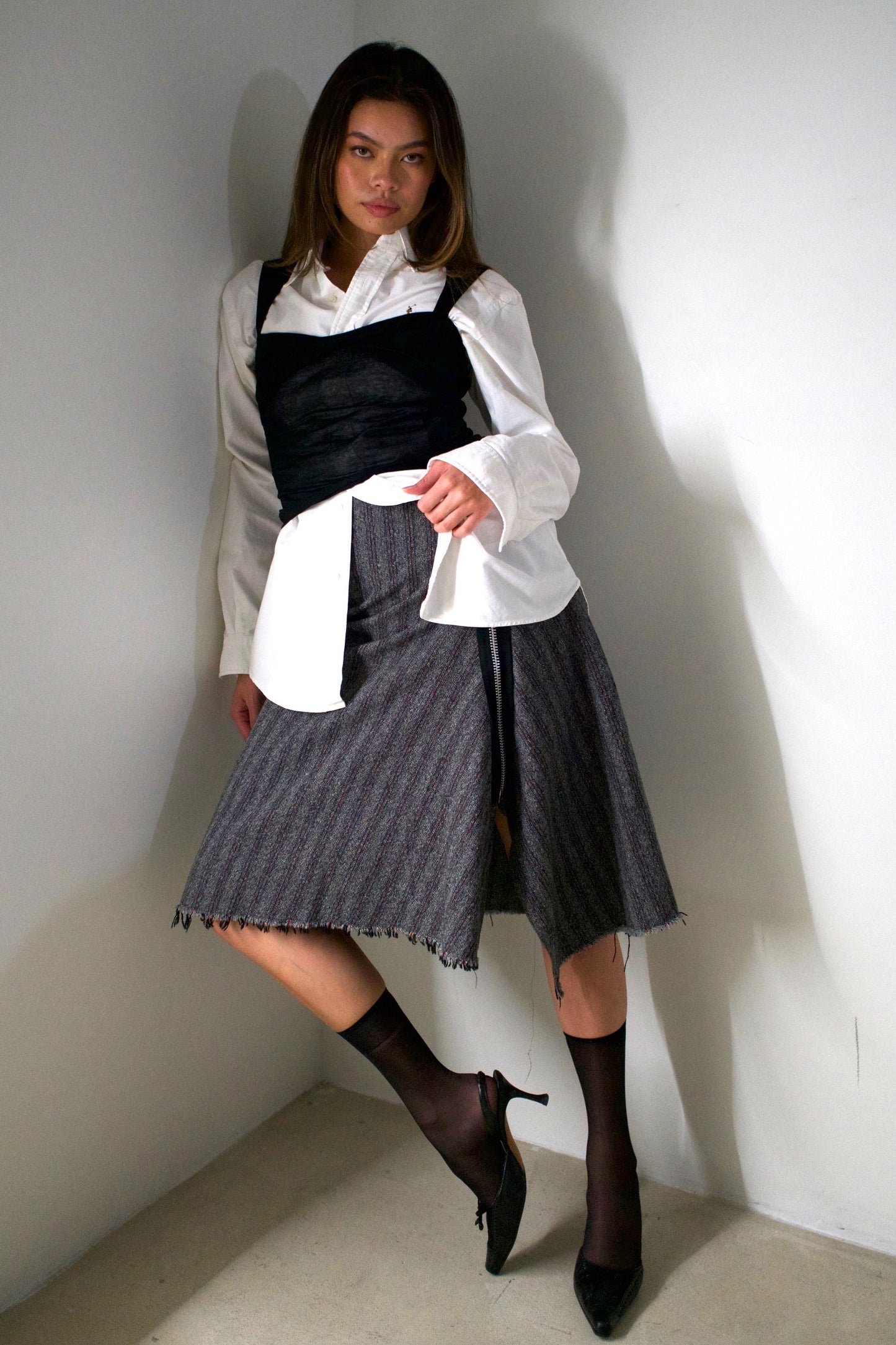 Tricot Comme Des Garcons Stripe Wool Raw Zipper Midi Skirt
