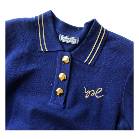 Yves Saint Laurent Royal Blue Polo W/ Gold Buttons and Glitter Stripe Collar