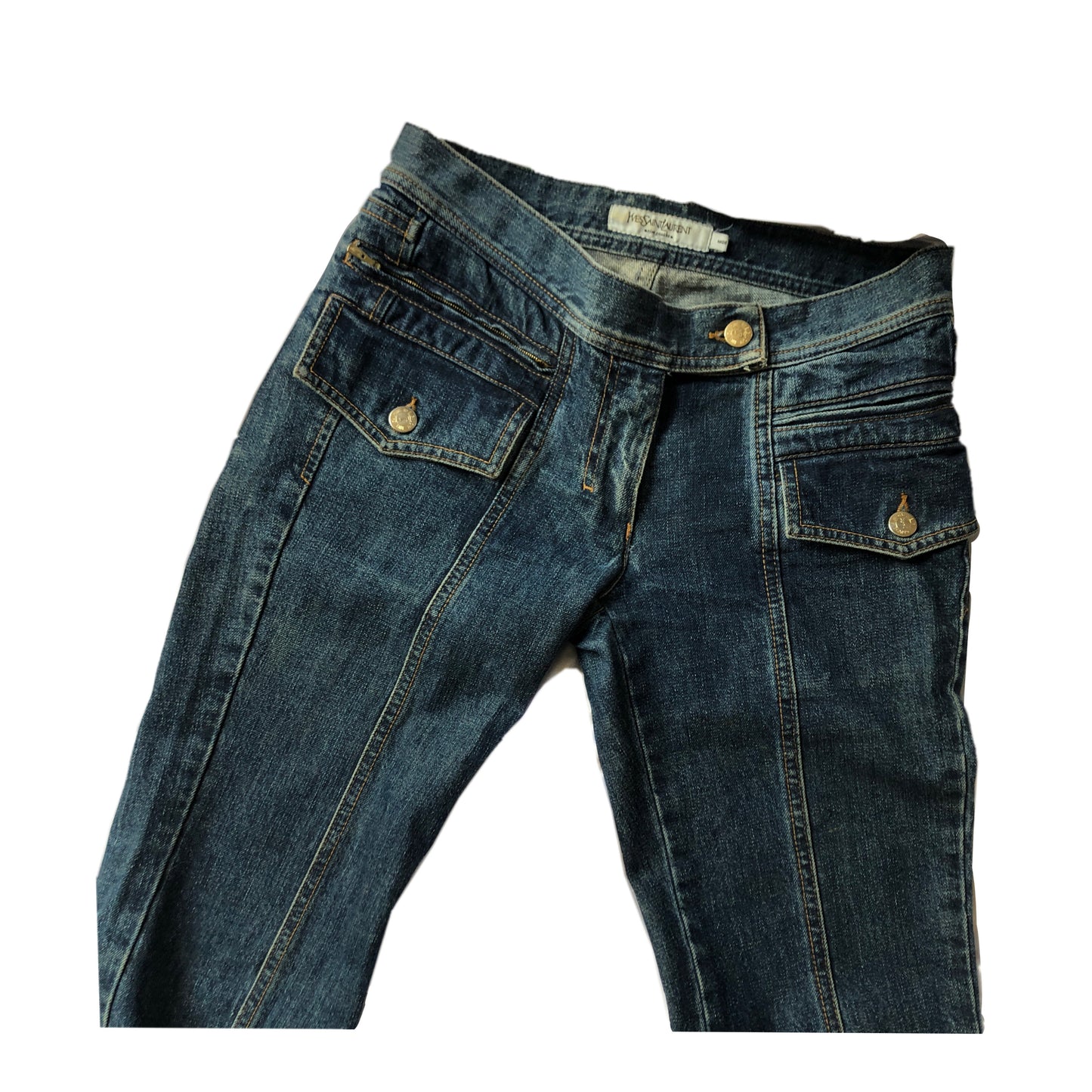 Yves Saint Laurent Low Rise Distressed Denim Flare Jeans