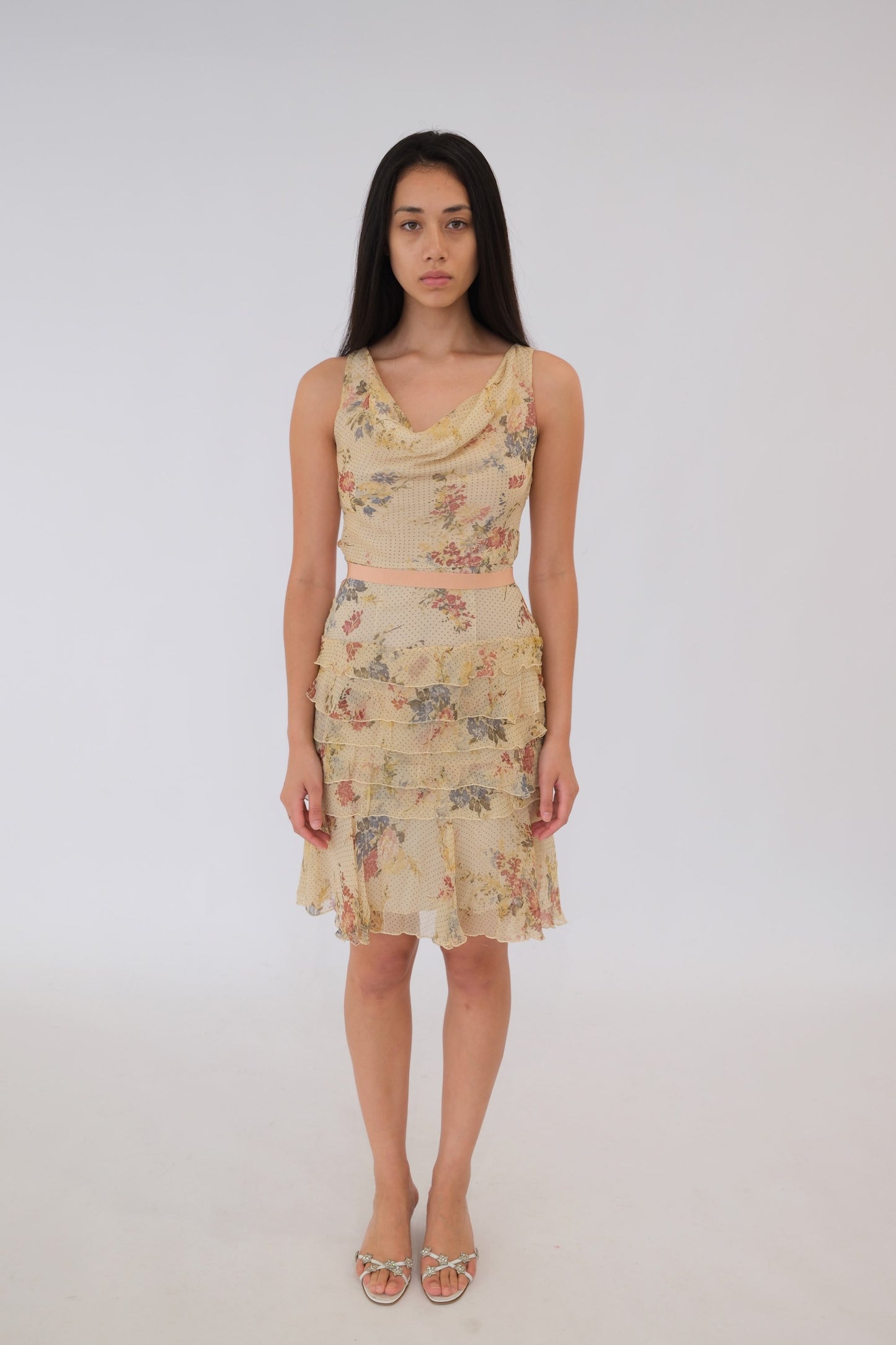 Red Valentino Floral Silk Drape Ruffle Skirt Dress