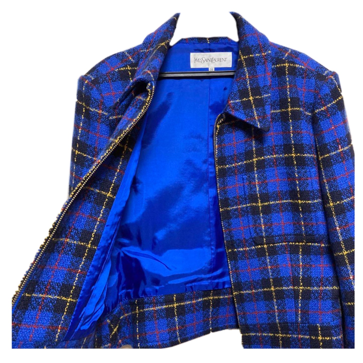 Yves Saint Laurent Checkered Pocket Zip Down Tweed Wool Jacket